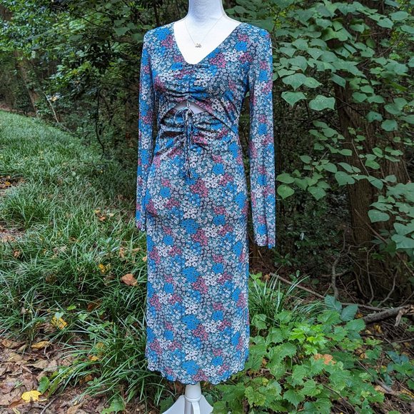BCBG GENERATION Mesh Midi Cutout Dress in Blue Floral Print Size Medium New - Picture 2 of 9